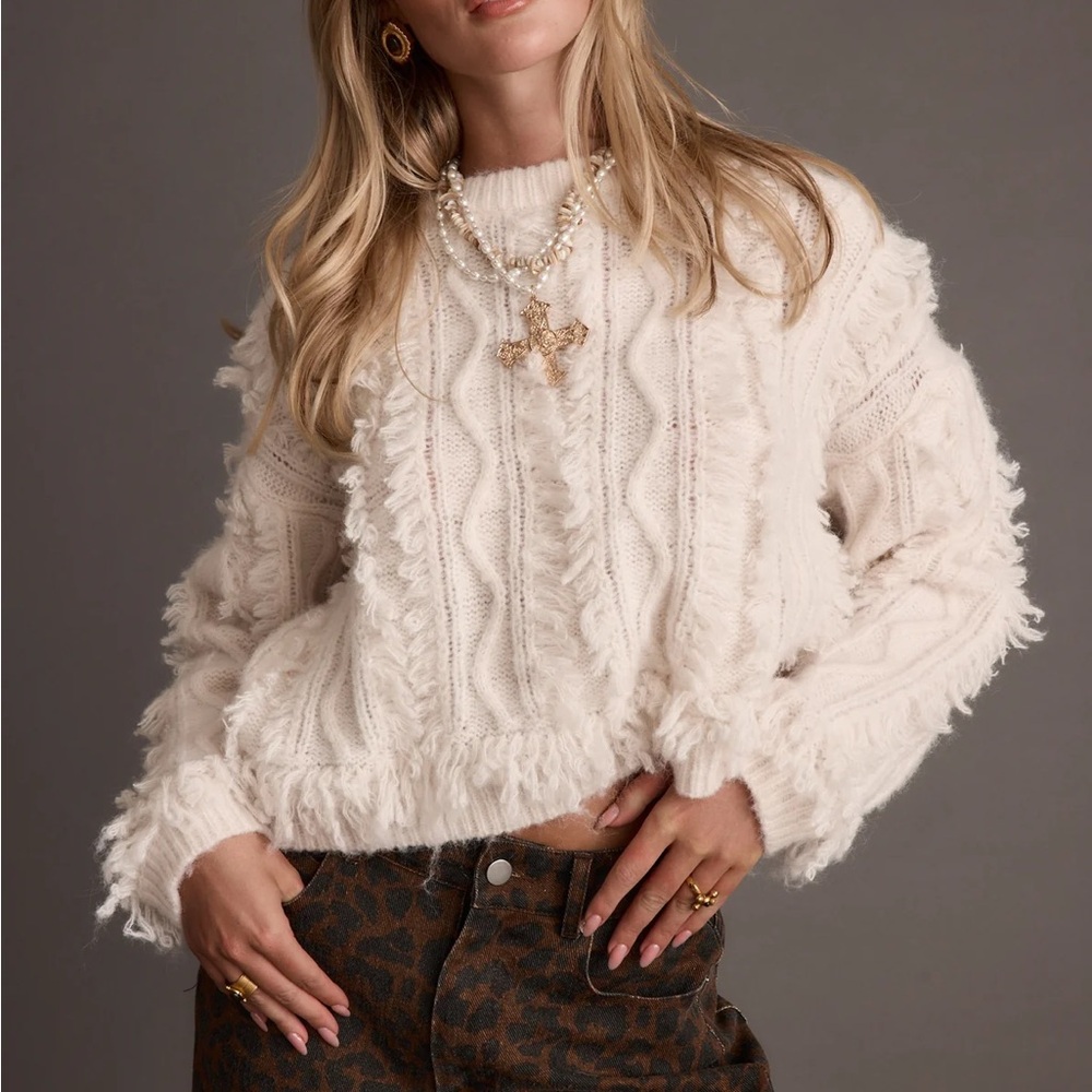 12th Tribe Lorie Beige Fringe Sweater
